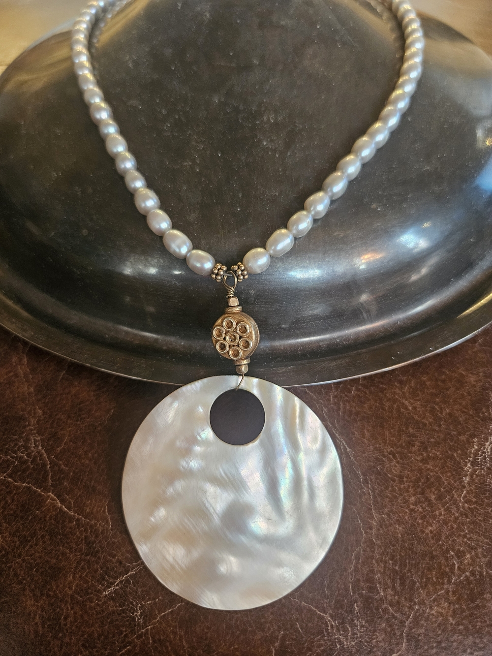 Hand Crafted Iridescent White Pearl Necklace with Mother-of-Pearl Disc Pendant